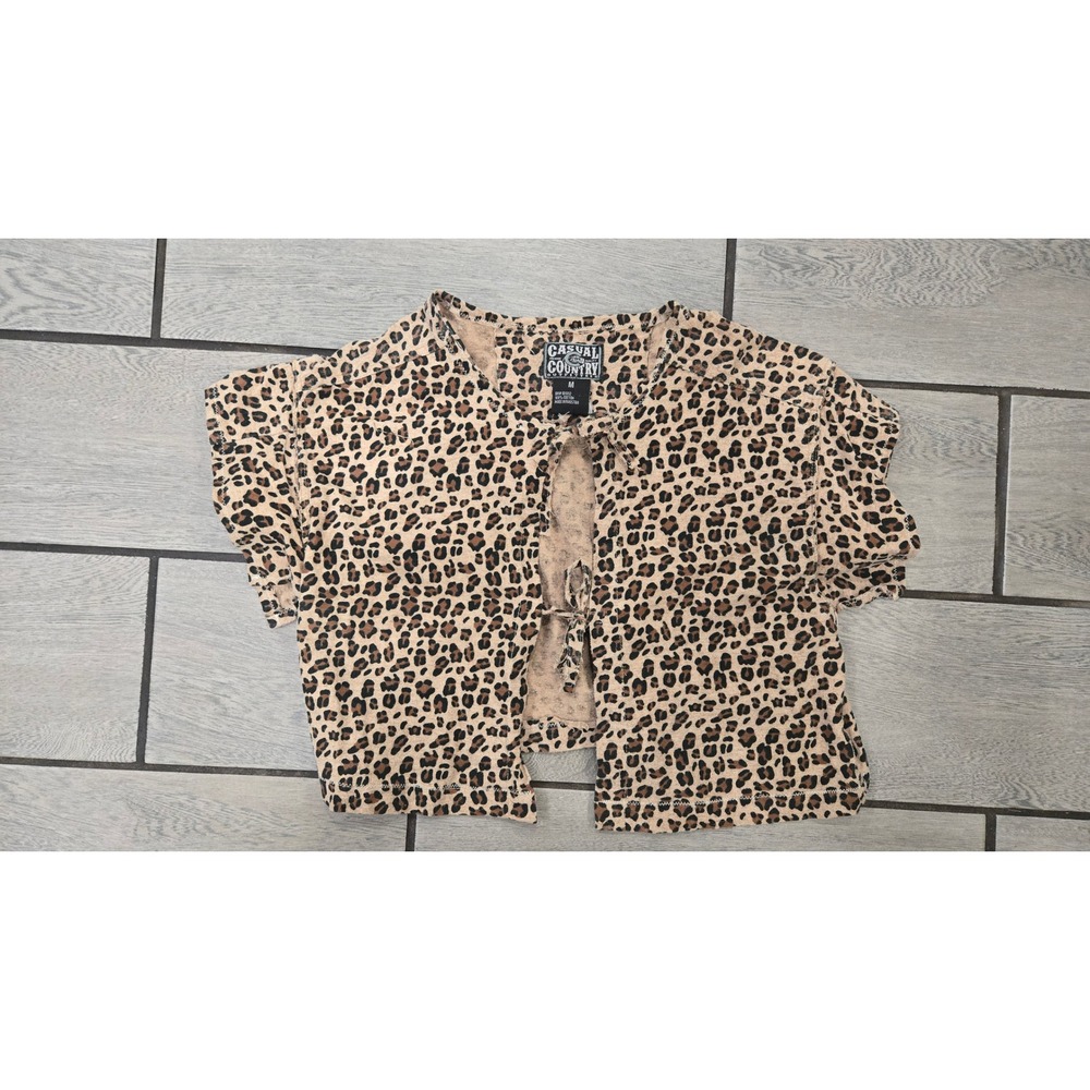 Casual Country Leopard Print Crop Top Women Medium Cotton Tie Front Short Sleeve